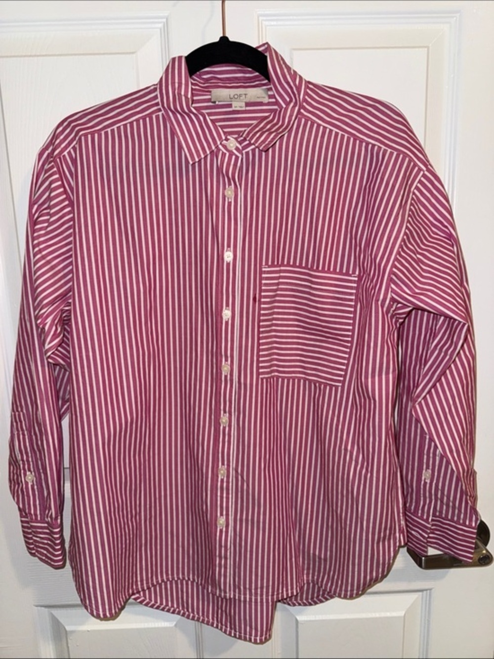 NWOT- LOFT women’sPink & White Vertical Stripe Button-Down Shirt - SP